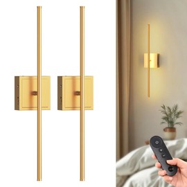 DORESshop Battery Operated Wall Sconces Set of Two with Remote Control, Rechargeable Wall Sconce, 350°Rotate Dimmable Wireless Wall Sconce for Living Room, Hallway, Bedroom, 23.7 Inch, Gold(2 Pack)