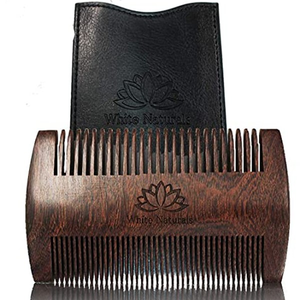 Beard Comb for Men, Wooden Natural Sandalwood, Fine Dual Action Teeth Beard Comb, Handmade Premium Sandal Wood, Fine & Coarse Tooth Perfect for Balms and Oils, Includes PU Leather Case, Pocket Size