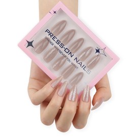 Gray Press on Nails Medium Almond Fake Nails with Design Silver Glitter Glue on Nails Full Cover Spring Nails Glossy Reusable 30pcs -15Sizes Solid Fall False Nails for Women Girls Manicure