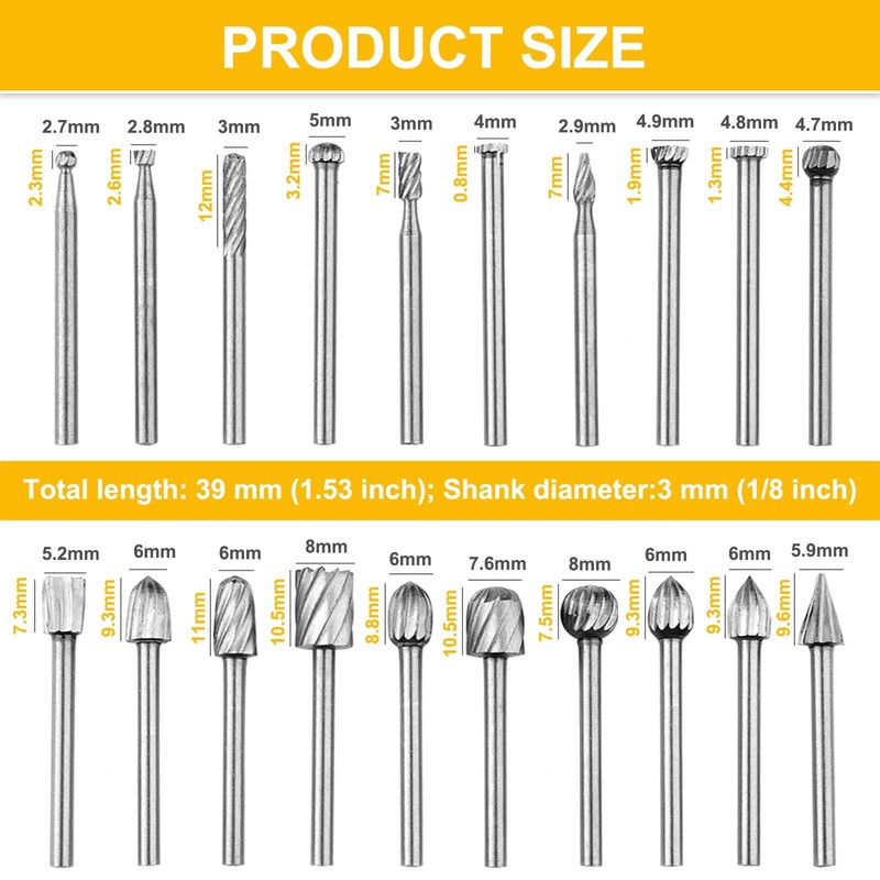 COLYUPO HSS Rotary Cutting Burrs 20Pcs Wood Carving Drill Bits