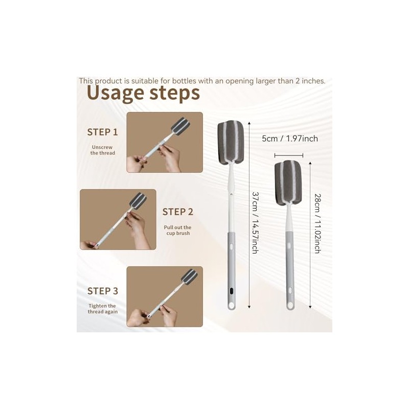 Sponge Bottle Brush Adjustable Long Handle Up to 14.5” 2-Pack