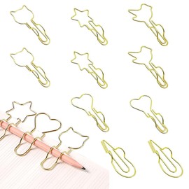 Metal Pen Clip 10 Pack Paper Clip Pen Holder for Notebook, Golden Cute Heart Star Cat Shapes, for Office,School Supplies