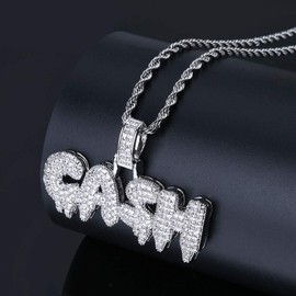 MoCa Micropave Simulated Iced Out Bling Dripping Letters Savage Pendant with Rope Cuban Link Chain Hip Hop Necklace (Cash-Silver)