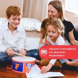 SCHMETTERLINE® Children's Drum - Wooden Drum with Bell Bracelet, Drum Book - Drum for Children to Hang with Adjustable Straps - Musical Instrument for Children from 3 Years