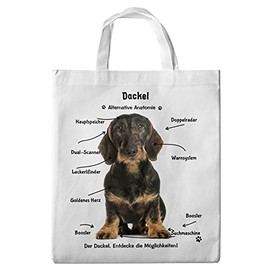Merchandise for Fans Teckel 09 Shopping Bag 38 x 42 cm with Alternative Anatomy Rough Haired Dachshund Design, White