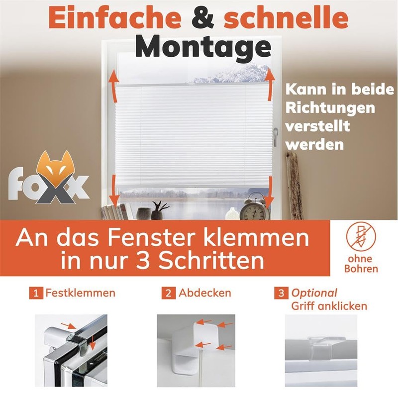 Pleated Blind Klemmfix White Blackout 85 x 220 cm Blackout