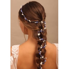 Chargances Bridal Long Pearl Flower Hair Vine Wedding Rhinestone Beaded Long Headband Dainty Blue Handmade Hair Accessories for Women and Girls Brides (Blue)