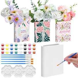 Honeydak 3 Set 5.9 Inch Book Shaped Vase Ready to Paint Your Own Ceramic Book Flowers Vase Ceramics to Paint DIY Unpainted Paintable Kit Crafts with Acrylic Brush Palette for Adults