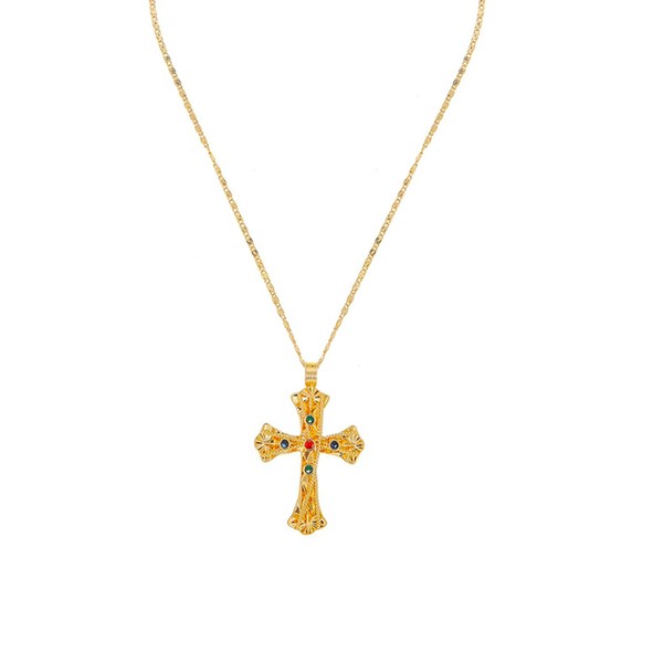 SHANG JIURUI Luxurious Gold-Plated Cross Necklace with Multi-Colored Gemstones -