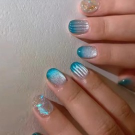 Hkanlre Short Press on Nails Blue Cute Fake Nails Tips Full Cover Square False Cat Eyes Nails for Women 24PCS