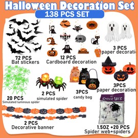 Halloween Decorations Outdoor And Indoor Set,60 Pcs Scary 3D Bat Stickers,Banner,Paper Lanterns,Spiderweb,Lighted Spider for Halloween Party Decorations Kit