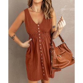 BTFBM Women Sleeveless Summer Dress 2025 Crewneck Ribbed Knit Ruffle Swing Button Down Beach Sun Mini Tank Short Dresses(Buttons Orange Red, Medium)