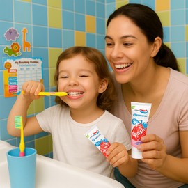 Kids Toothpaste Multi Pack Bundle - 4 x Splash Toothpaste 3-8 Strawberry (50ml), 2 Manual Kids Toothbrushes (Sucker), 30 Day Reward Chart and Free Puffy Stickers for Children (Packaging May Vary)