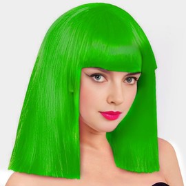 PARXITN Short Bob Green Hair Wigs Straight with Flat Fringe 12 Inches / 30 cm Synthetic Colourful Cosplay Daily Party Wig for Women