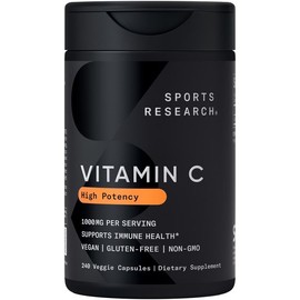 Sports Research Vitamin C Supplement - Vegan Veggie Capsules - Non-GMO Verified & Gluten Free - Ascorbic Acid Vitamin C 1000mg - 240 Count