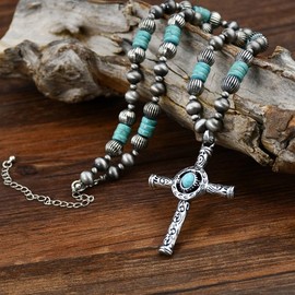 Turquoise Stone Cross Choker Turquoise Necklace,Coral Stone Crucifix Cross Boho Pendant