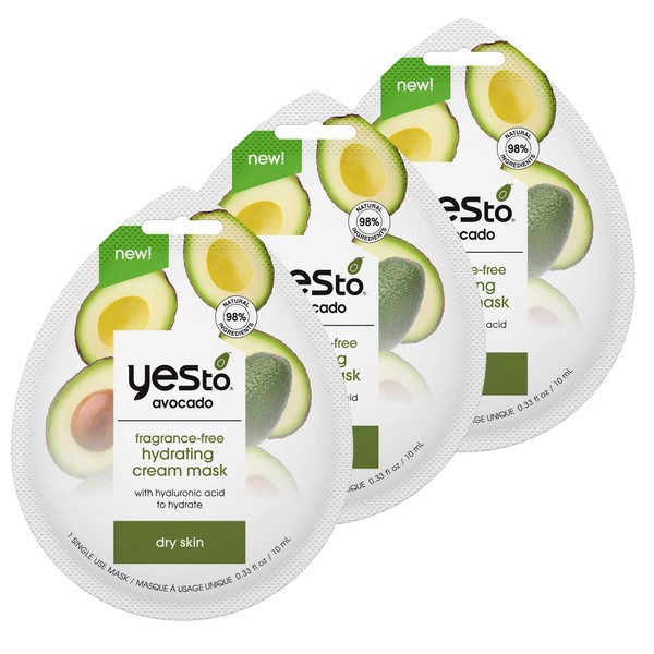 Yes To Avocado Fragrance-Free Hydrating Cream Mask, Pore Purging Formula To Hydrate Dry Skin & Plump Skin, Locks In Moisture, With Antioxidants & Hyaluronic Acid, Natural, Vegan & Cruelty Free, 3-Pack