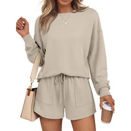 LILLUSORY Lounge Sets for Women Fall Outfits 2025 Sweatsuit Two Piece Short Set 2 Piece Casual Sweat Matching Tracksuit with Pocket Fashion Clothes Khaki M