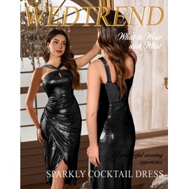 Wedtrend Evening Dresses for Women Formal Glitter Midi Halter Disco Dress Split 80s Prom Sequin Cocktail Dresses Sequence Dress WTS6010Black2XL