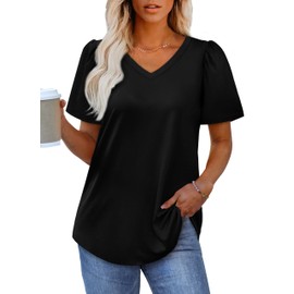 OFEEFAN V Neck T Shirts for Women Loose Fit Pleating Short Sleeve Casual Summer Tops Black XL