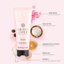 Grace Cole Wild Fig & Pink Cedar Moisturising Body Butter 225ml. Refreshes, moisturises & hydrates. Essential Oils - Vegan and Cruelty Free, No SLS or Parabens - Made In England