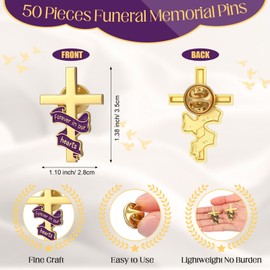 50 Pcs 50 Pcs Funeral Favor for Guest Funeral Cross Ribbon Pins Memorial Lapel Brooch Forever in Our Hearts Religious Christian Celebration of Life Gift for Mourning Remembrance Day (Purple)