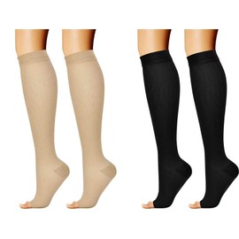 Women's open toe pressure socks multifunctional calf socks sleep elastic compression socks long tube (Black+Skin tone, L/XL)