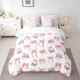 Feelyou Pink Bowknot Comforter Set 7 Pieces Dreamy Princess Style Bedding Set Twin Size Bedroom Cute Bow Girly Disco Ball Bed in a Bag Kawaii Bow-tie Bed Set with Comforter, Sheet Set, Pillowcases