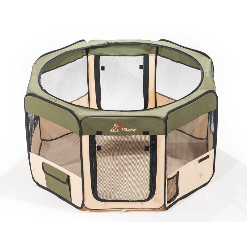 Pawer 45”×24” 8-Panel Foldable Pet Playpen, Olive+Beige, Personalize Embroidery Extra