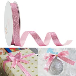 HUIHUANG Pink Glitter Frosted Satin Ribbon - Shiny Chunky Glitter 5/8 inch x 25 Yards for Gift Wrapping, Christmas Tree Decoration, Wedding Invitation, Bouquet, Crafts