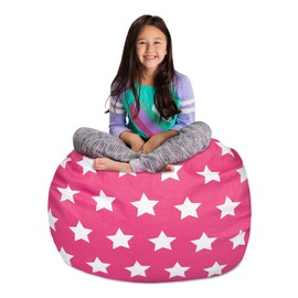 Posh Creations Kids Stuffed Animal Storage Bean Bag Chair Cover - Childrens Toy Organizer, Large-38in, Canvas White Stars on Pink
