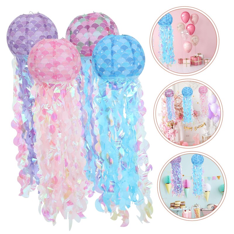 GRIRIW 4pcs Solar Jellyfish Paper Lanterns Ocean Decorations Paper Lanterns