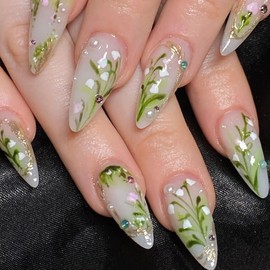 BABALAL Press on Nails Medium Almond Fake Nails Green Pink Glue ons Gold Bling Design Flower Print Coquette Manicure Supplies Handmade Art 24Pcs Glossy Full Cover Acrylic False Nails for Women Girls