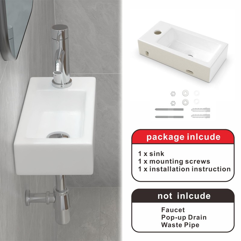 J-FAMILY Small Wall Mount Bathroom Sink Rectangle Ceramic Mini Vessel