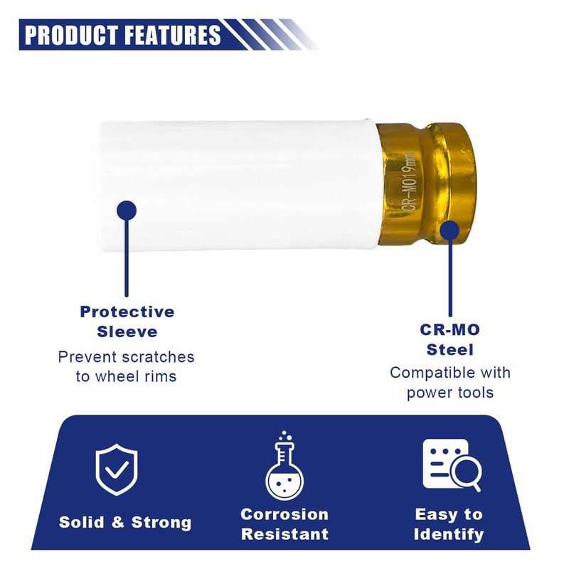 1/2" Drive 19 mm Lug Nut Impact Socket, Non-Marring Deep