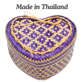 Sticky Rice Basket Heart Shape Bamboo Woven 6 inch Container Mini Heart Pattern Thailand Handmade Kratip Thai Laos Serving (Purple)