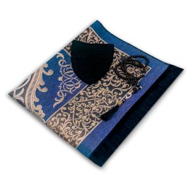 Kapobia Muslim Prayer Rug Prayer Beads Kufi Hat for Men and Women 100% Breathable Black Skull Beanie Traditional Desing Prayer Mat Eid Ramadan Gifts Islamic Set Salah Mat Taffeta Fabric Soft (Blue)