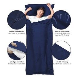 2-in-1 Sleeping Bag Ultralight with Zip Cushion Compartment Cotton Thin Comfort Travel Sleeping Bag and XL Travel Sheet (90 x 220 cm), Ideal for Backpacking, Hostels (Navy)