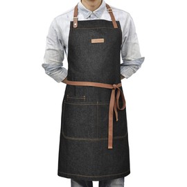 DingSay Trendy Kitchen Cooking Apron with 3 Pockets for Men Women, Professional Black Bib Aprons for Chef Barber Server, Adjustable Neck Strap (Black Denim)