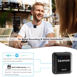 Saramonic Blink M2 Wireless Lavalier Microphone for Cameras, Onboard Recording, 656FT Range, 12H Battery Life, Noise Cancellation Compact Clip Lapel Mic for Video Recording Interview Live Streaming