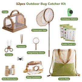 ROBOTIME Explorer Kit & Bug Catcher Kit for Kids, 12PCS Bug Catching Kit, Outdoor Bug Collection with Kids Binoculars, Butterfly Net, Insect Box, Magnifying Glass and Compass Watch for Toddlers 3-12