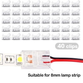 Flutesan 40 Pcs 2 Pin, 8 mm RGB LED Light Strip Connectors Waterproof LED Adapter Connector Transparent Solderless Unwired Gapless Track Connect for Strip Light, 5v 12v 24v