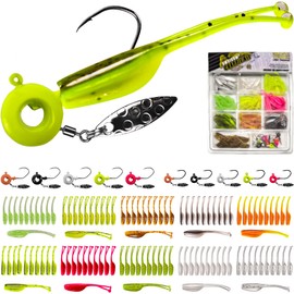 VMSIXVM Crappie Lures Jigs Heads Kit, 110 Pcs Underspin Fishing Jig Heads Hooks Lures Swimbait with Crappie Baits Soft Plastic Split Tail Grub Shad Minnow for Freshwater Saltwater Bass Trout Walleye