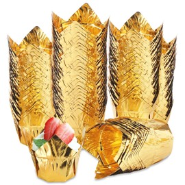 EUSOAR Disposable Baking Cups, 3.5 Ounce 100pcs Gold Tulip Aluminum Foil Cups, Aluminum Cupcake Pan Ramekin Tins