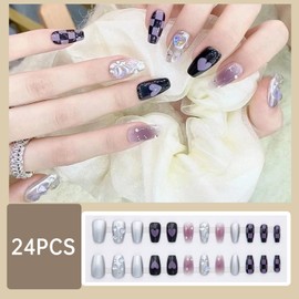 CATKIN 24PCS Long False Nails with Glue Stickers, Press on Nails no Glue for Women Girls Medium Square Decoration Fake Nails