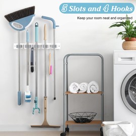 Broom Holder Wall Mount - White Wood Mop and Broom Organizer with 5 Slots & 4 Hooks - Sturdy Garden Tool Hanger for Laundry Room Closet Kitchen Garage Storage and Organization - for Laundry Room Decor