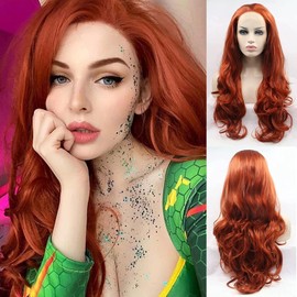 Ginger Copper Lace Front Wigs for Women Long Wavy Maroon Orange Human Hair Drag Synthetic Hair Natural Hairline