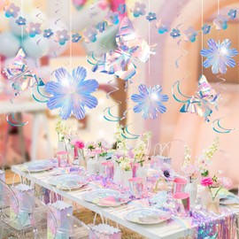 EASY JOY Iridescent Party Decorations Hanging Butterfly Flower Swirl Garland Iridescent Garlands Banner Backdrop for Birthday Wedding Disco Rock Party Supplies