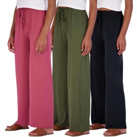 Real Essentials 3 Pack Soft Palazzo Pajama Pants for Women, Wide Leg Comfortable Casual Lounge Yoga Bottoms, Multicolor, Set 6, Medium