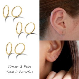 EPIRORA Silver Hoop Earrings- Cartilage Endless Small Hoop Earrings Set for Women Mem, 3 Pairs of Hypoallergenic 925 Sterling Silver Tragus Earrings Nose Lip Rings (3 Pairs(10mm*3)-Gold)